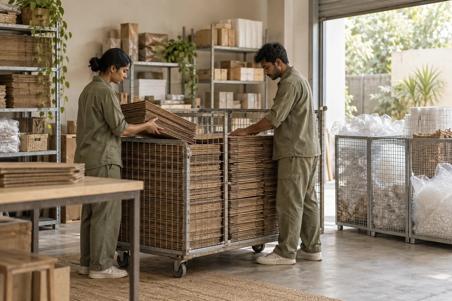 A team organizing flattened cardboard and packaging in a commercial stockroom
