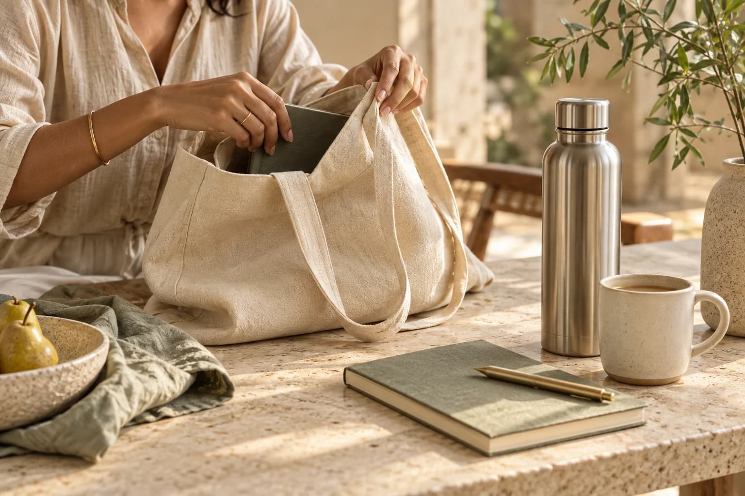 A cotton tote, notebook, reusable steel bottle and ceramic cup in everyday use