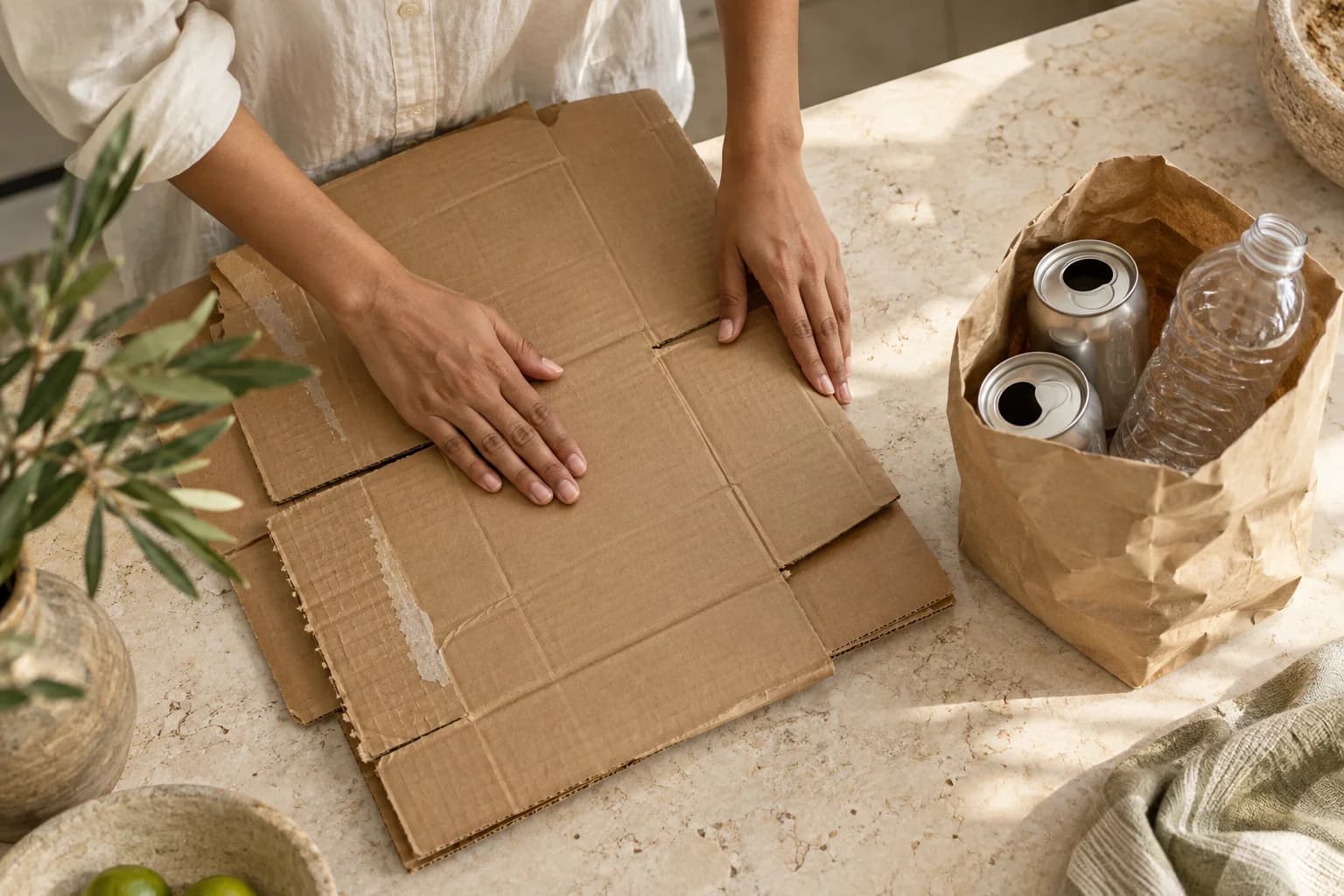 Hands flattening cardboard beside clean bottles and cans ready to return